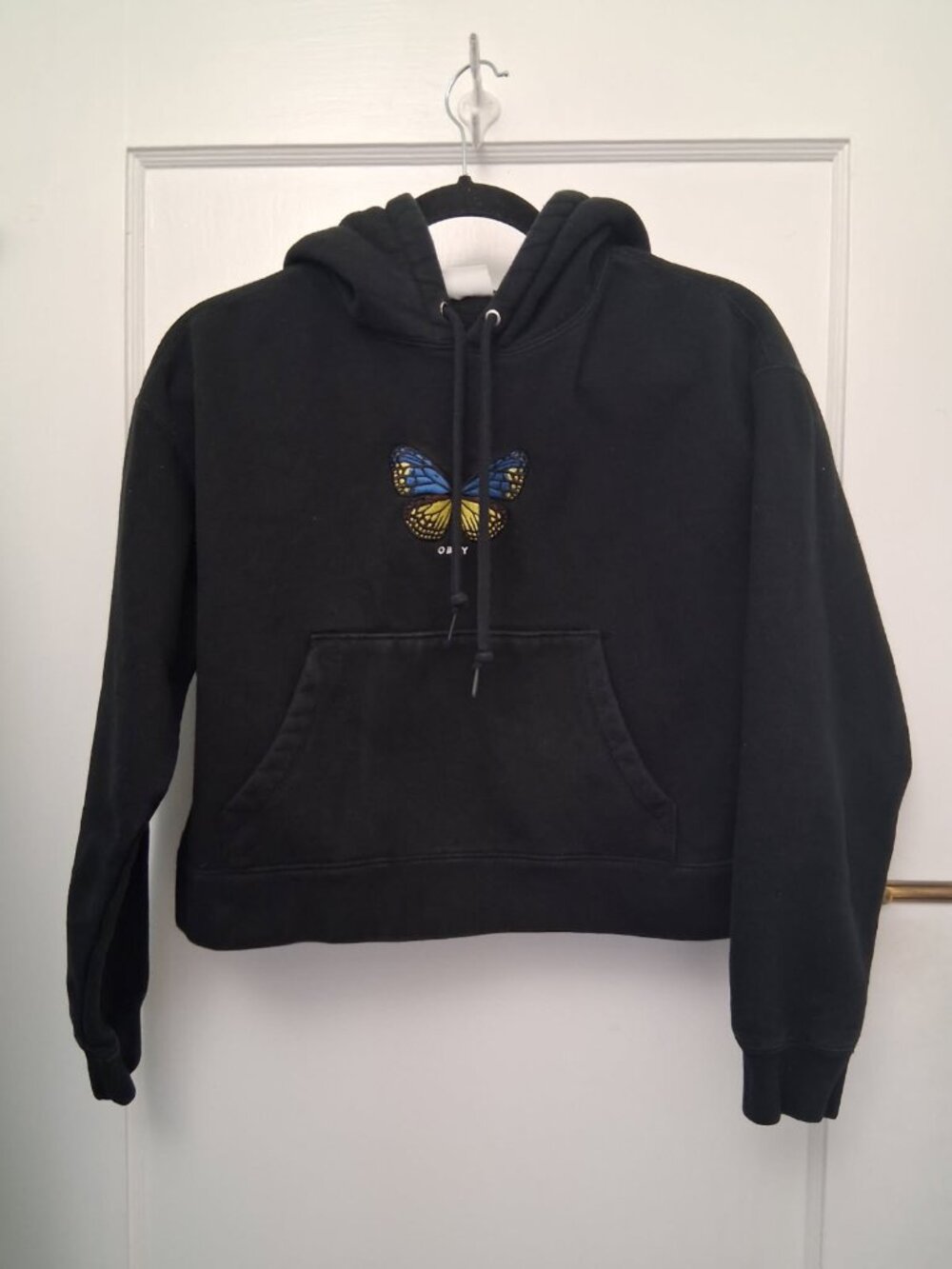 Women's OBEY Black Cropped Butterfly Pullover Hoodie